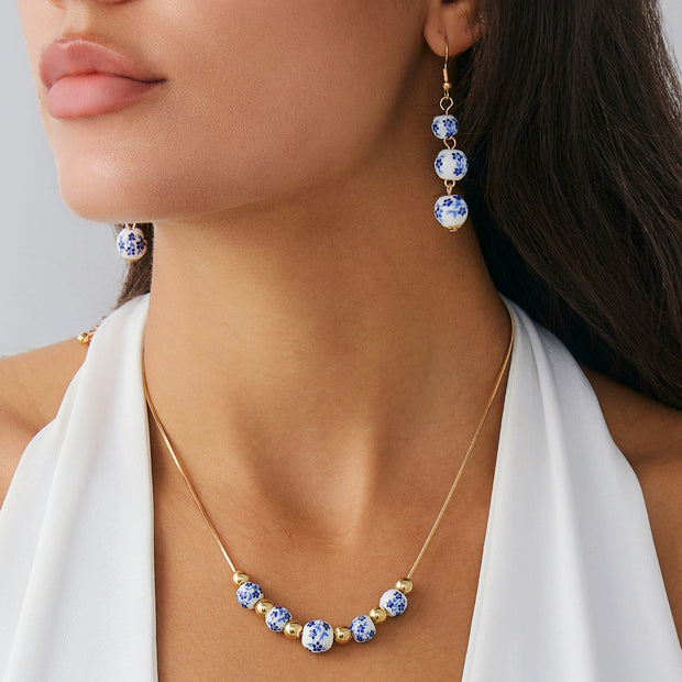 Blue And White Porcelain Round Beads Tassel Necklace Simple All-match Flower Earrings