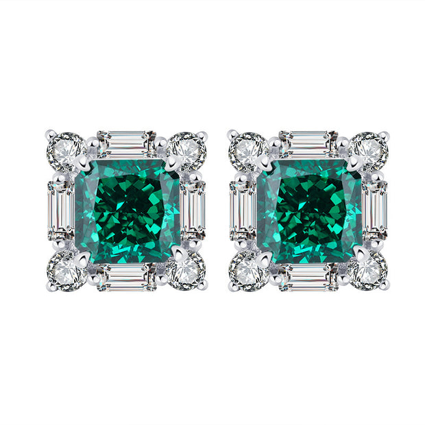 S925 Silver High Carbon Emerald Diamond Princess Square Diamond Set