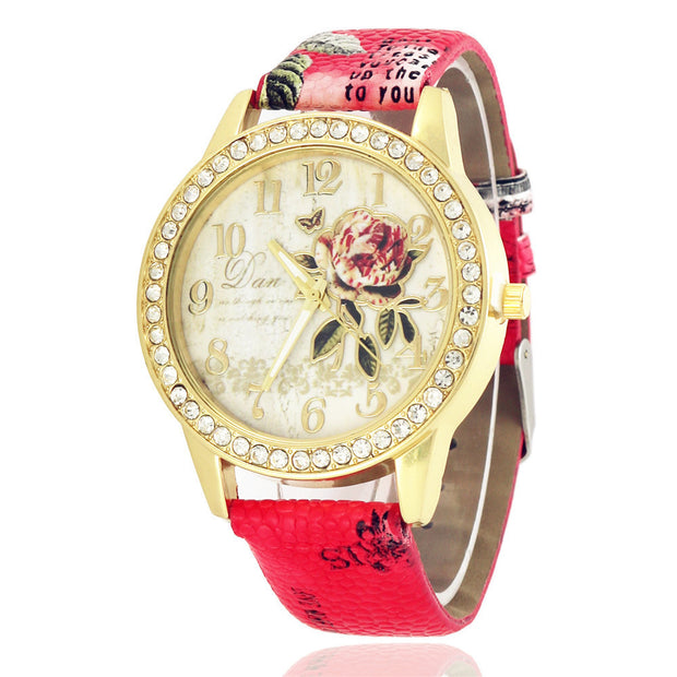Diamond-inlaid Gold Case Rose Pattern Fashion Quartz Watch