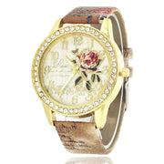 Diamond-inlaid Gold Case Rose Pattern Fashion Quartz Watch