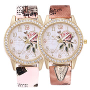 Diamond-inlaid Gold Case Rose Pattern Fashion Quartz Watch