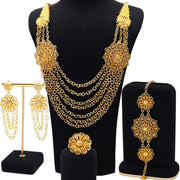 24K Gold Flower Necklace Earring Ring Bracelet Set