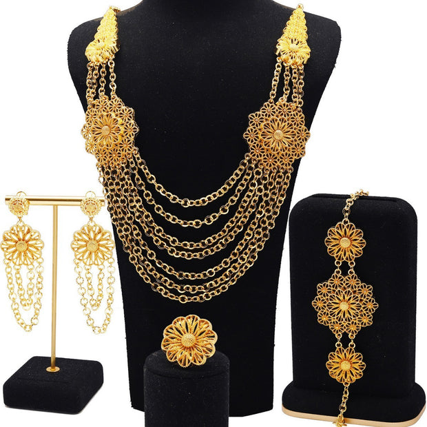 24K Gold Flower Necklace Earring Ring Bracelet Set