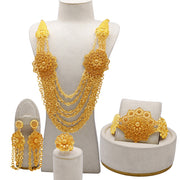 24K Gold Flower Necklace Earring Ring Bracelet Set