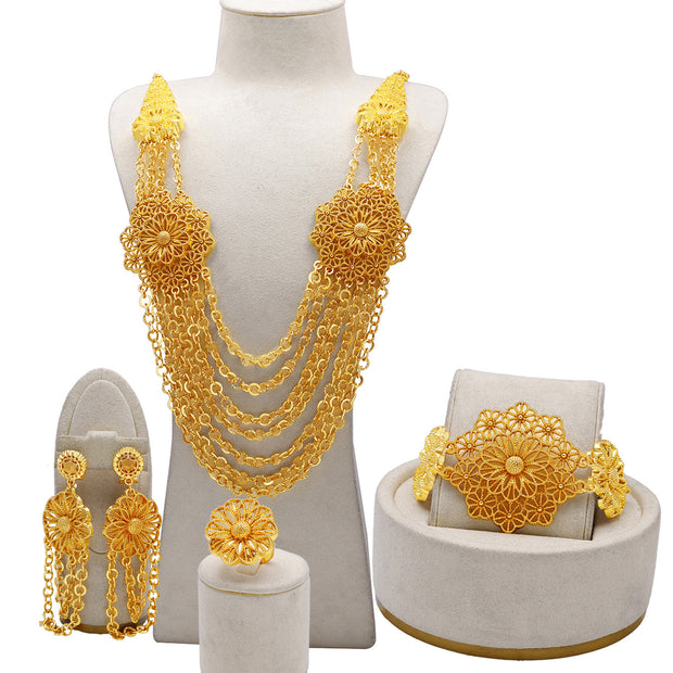 24K Gold Flower Necklace Earring Ring Bracelet Set