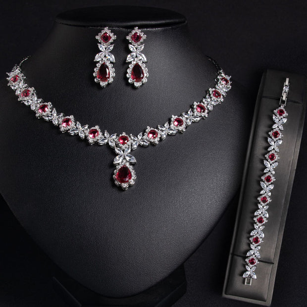 European And American Zircon Necklace Earring Bracelet Wedding Dress Bridal Three-piece Set