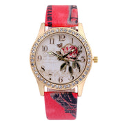 Diamond-inlaid Gold Case Rose Pattern Fashion Quartz Watch