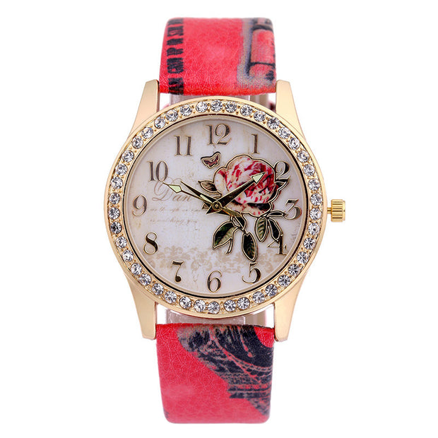 Diamond-inlaid Gold Case Rose Pattern Fashion Quartz Watch