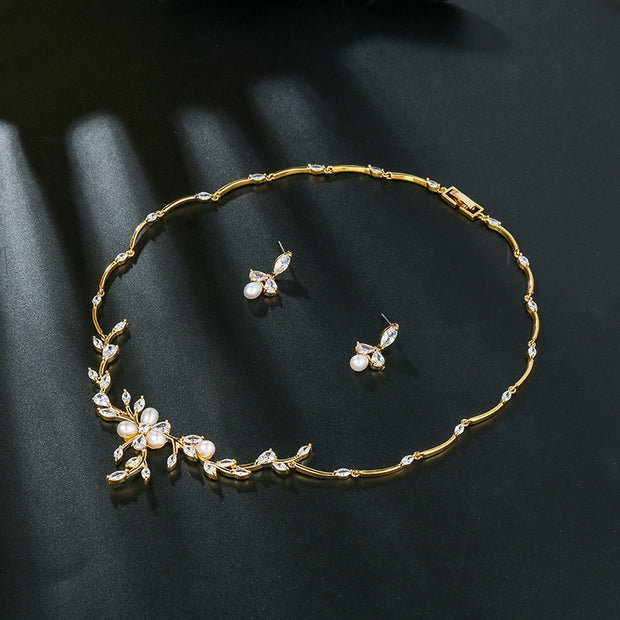 Sweet Pearl Zircon Ear Stud Necklace Jewelry Suit