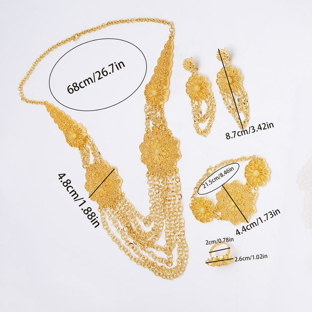 24K Gold Flower Necklace Earring Ring Bracelet Set