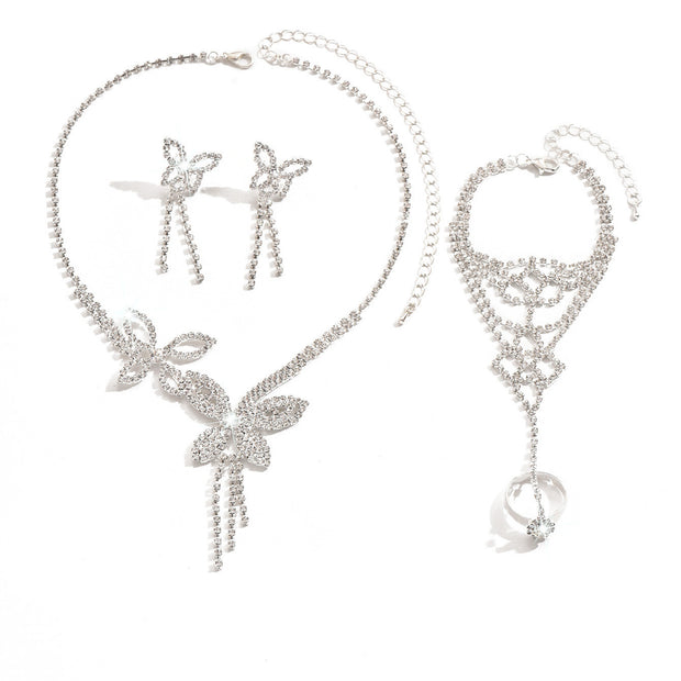Butterfly Tassel Rhinestone Necklace Earring Bracelet 3 Pieces Suit