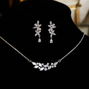 French Exquisite Zircon Leaves Super Fairy Bridal Wedding Necklace Earrings