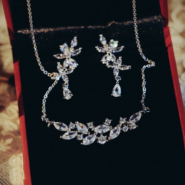 French Exquisite Zircon Leaves Super Fairy Bridal Wedding Necklace Earrings