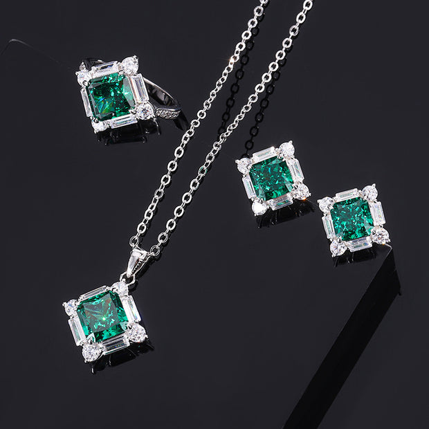 S925 Silver High Carbon Emerald Diamond Princess Square Diamond Set
