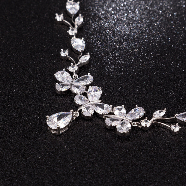 New Bridal Necklace And Earrings Suite Butterfly Zircon