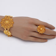 24K Gold Flower Necklace Earring Ring Bracelet Set