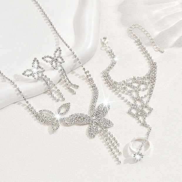 Butterfly Tassel Rhinestone Necklace Earring Bracelet 3 Pieces Suit